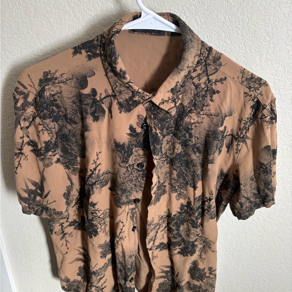 Men's Casual Button Down Shirt - Black Floral on Tan